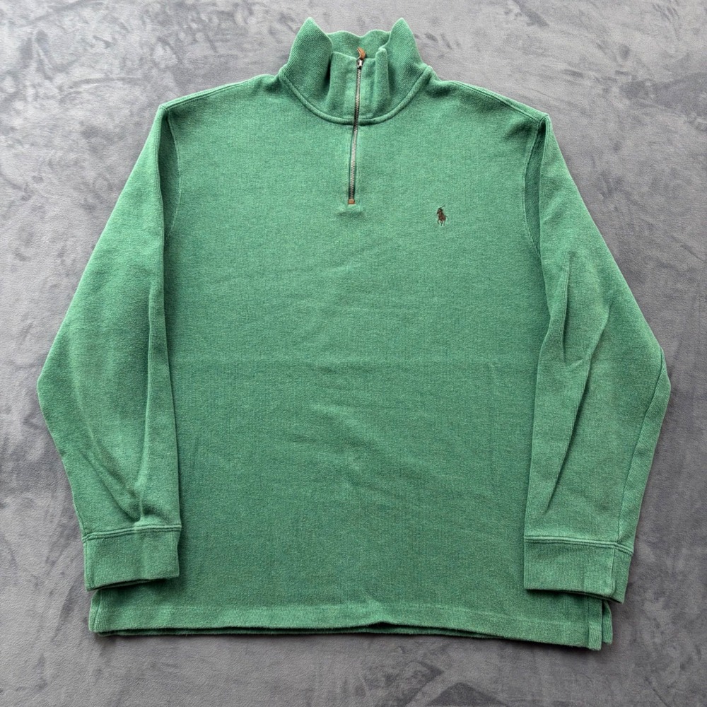 Polo Ralph Lauren Mens XL Green Quarter Zip Pullover Cotton Pony Logo Sweater